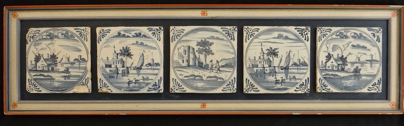 Five - 18th c. Dutch Delft HP Mounted Tiles (1 of 6)