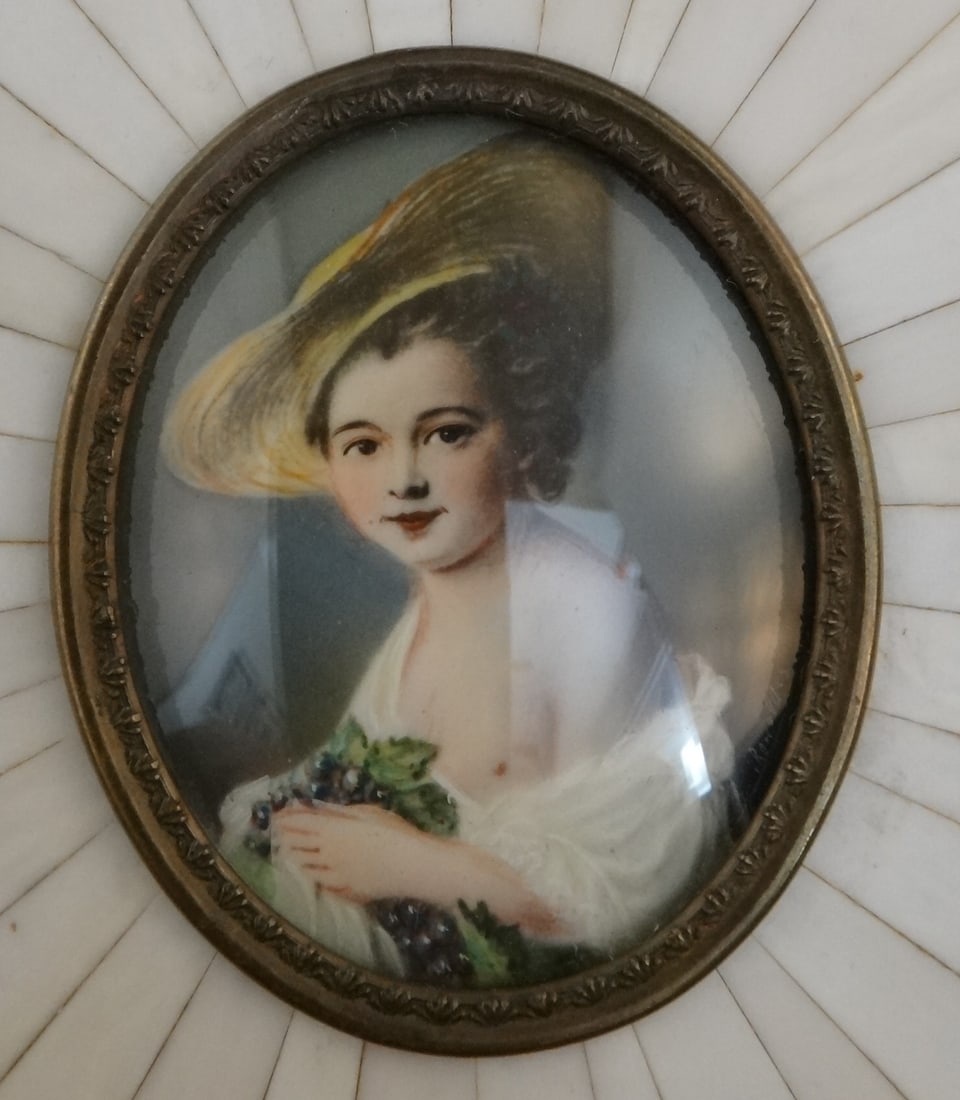 Antique European Miniature Portrait, girl with grapes.: Antique European Miniature Portrait, girl with grapes. Measures 1 ¾” x 1 3/8”. Cut piano key frame is 4” x 3 3/8”.