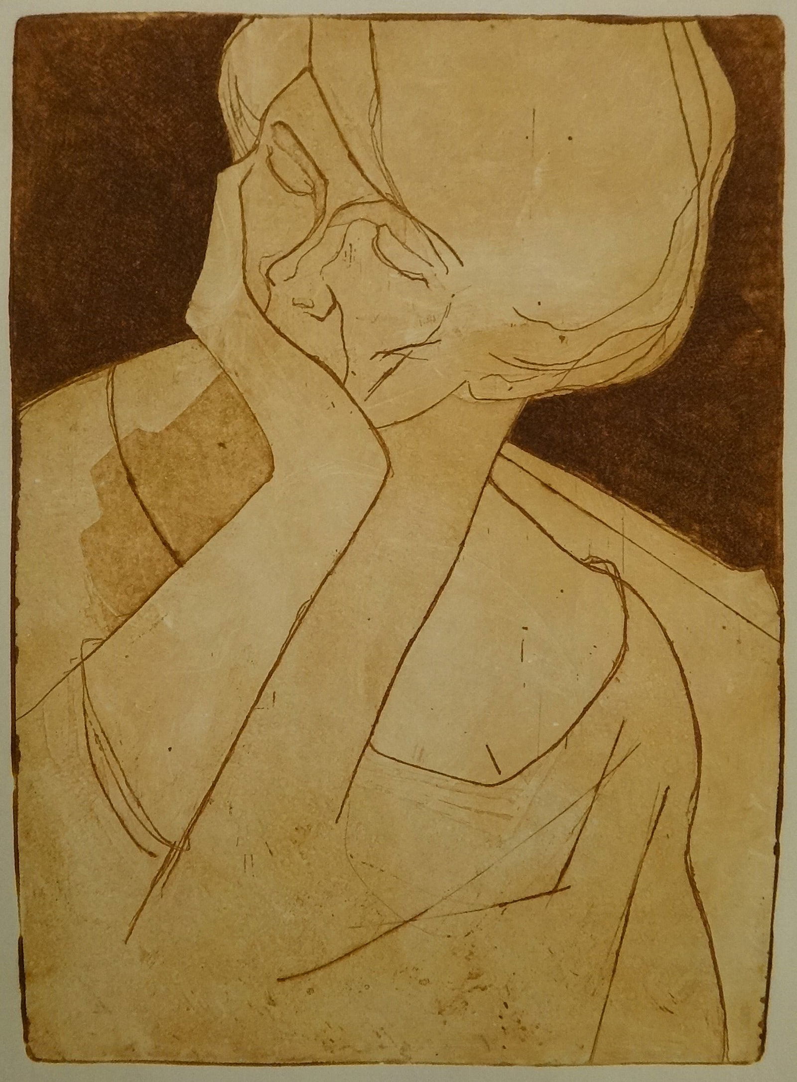 Lg George Hugh De Groat Colored Etching of a Woman w/hand on her chin.: Large Original George Hugh De Groat (1917-1995) Colored Etching of a Woman with her hand on her chin. Circa 1960’s-80’s. Unsigned, unframed. Print size is 12” x 8 ½”. Paper size