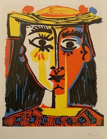 Original Pablo Picasso 1962 Signed Linocut: Bust of a Woman with a Hat. (1 of 6)