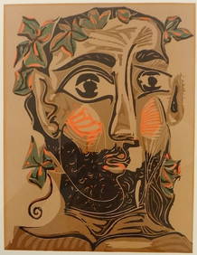 Original Pablo Picasso 1962 Signed Linocut: Bearded Man with Crown of Leaves (1 of 7)