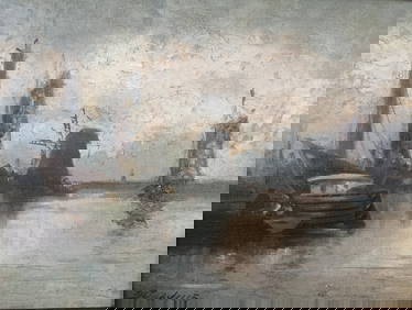 Antique Richard De Treville Oil on Canvas Harbor Scene. (1 of 7)