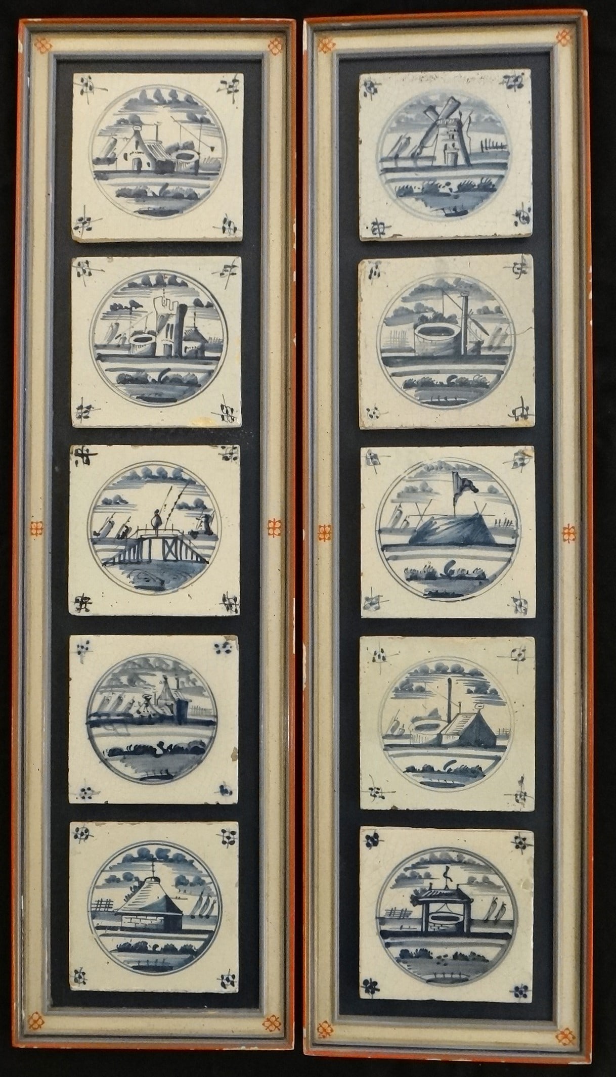 Ten - 18th c. Dutch Delft HP Tiles in Pair of Custom Wood Frames. (1 of 9)