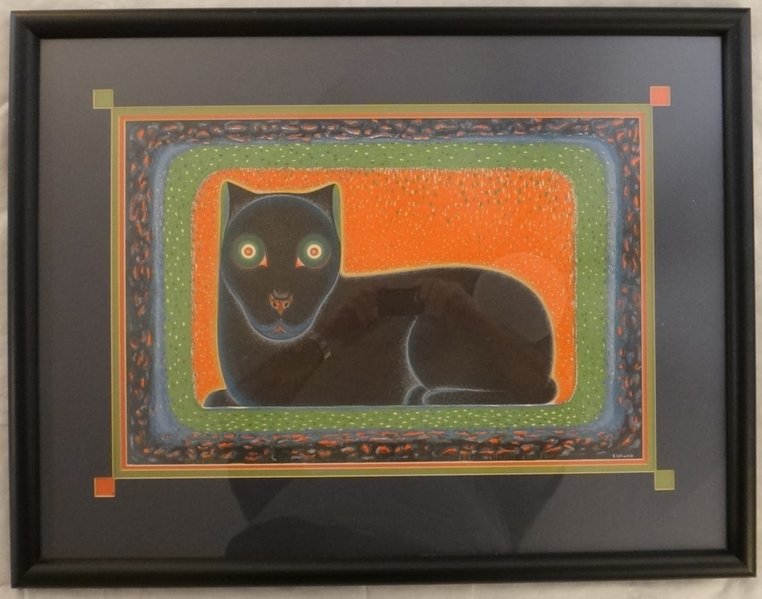 Original Beniamino Bufano Screen Print on Woven Paper - Black Cat,: Original Beniamino Benvenuto Bufano (American/Italian, 1886-1970) Screen Print on Woven Paper of a Black Cat – “San Francisco Press Club Cat”. Circa 1960's. Signed lower right – Bufano. Pr