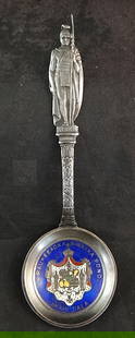 Rare Antique Hawaiian Sterling & Enamel Spoon with King Kamehameha: Rare Antique Hawaiian Sterling & Enamel Spoon with King Kamehameha Figure Handle Finial & Enameled Bowl. Blue background bowl features the Coat of arms of the Hawaiian Kingdom and marked: “ua maukee