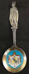 Rare Antique Hawaiian Sterling & Enamel Spoon with King Kamehameha: Rare Antique Hawaiian Sterling & Enamel Spoon with King Kamehameha Figure Handle Finial & Enameled Bowl. Gold toned & Turquoise background bowl features the Coat of arms of the Hawaiian Kingdom and en