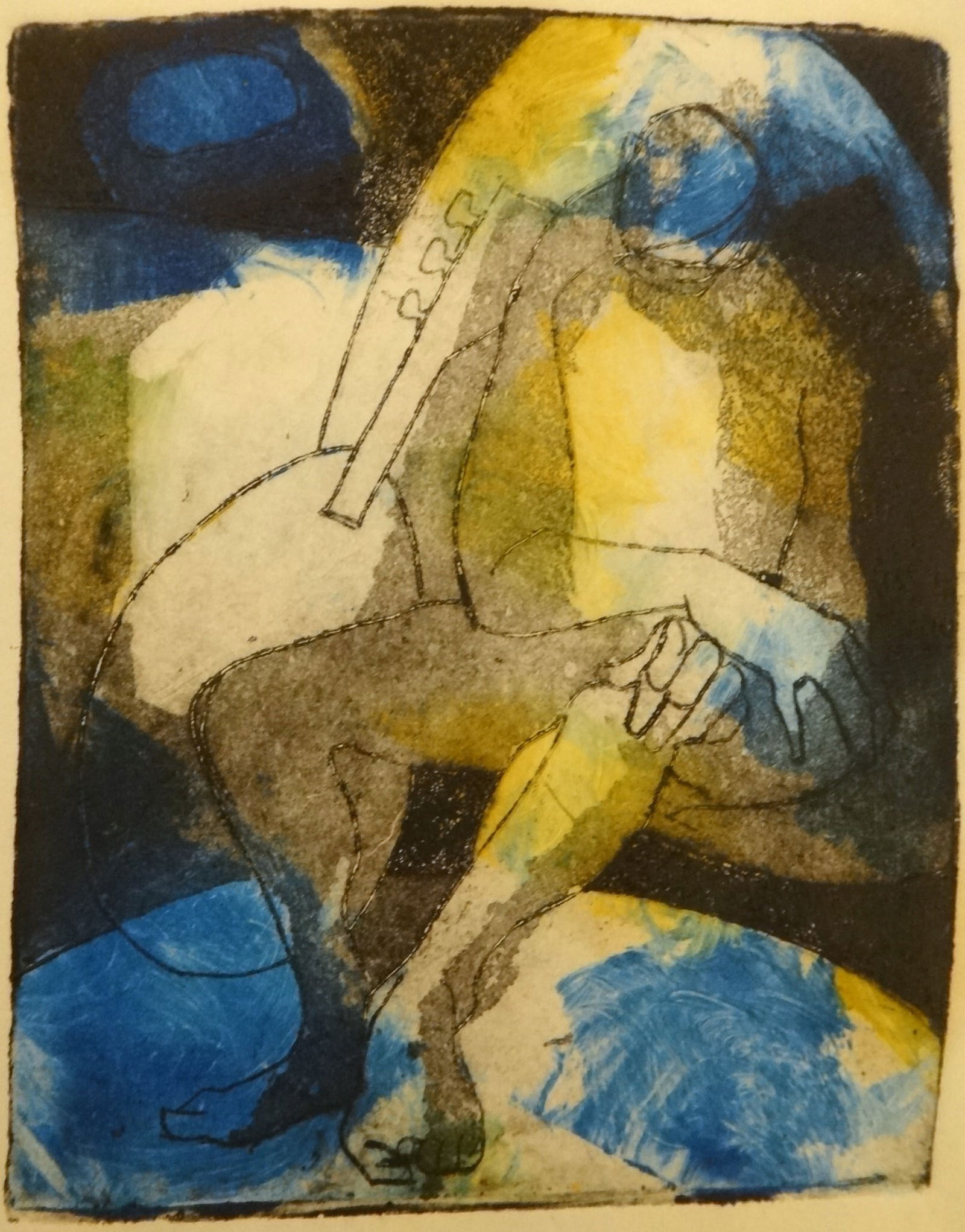 Original George Hugh De Groat Colored Etching of a Seated Man.: Original George Hugh De Groat (1917-1995) Colored Etching of a Seated Man. Circa 1960’s-80’s. Unsigned, unframed. Print size is 5 ½” x 4 ½”. Paper size is 16” x 13&