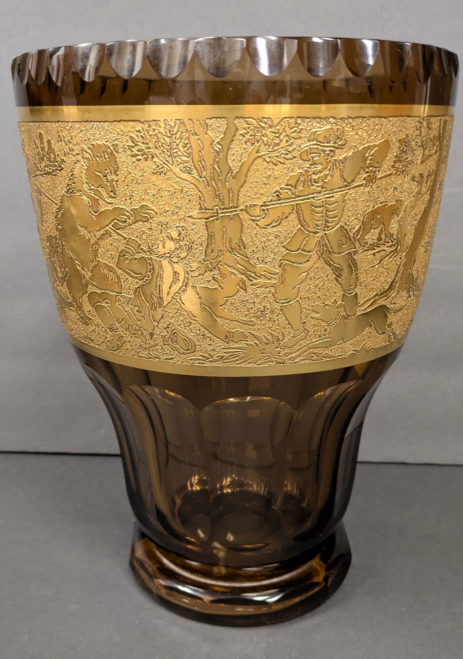Antique Large Moser Bohemia Cut Amber Crystal Vase w/22k gold hunt scene (1 of 1)