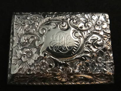 Antique Hamilton & Diesinger Sterling  Repousse Box: Antique Hamilton & Diesinger Sterling Silver Repousse Box with 2 Compartments. Measures 2 5/8" x 1 7/8" x 5/8 tall. Initials monogrammed.