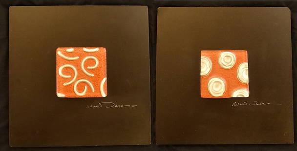 Two Kira Jesse Hand Painted 3 Dimensional Art Glass pieces.: Two Kira Jesse Hand Painted 3 Dimensional Art Glass pieces. One with circles and the other with squiggly lines. Both signed in ink on frames. Both measure approx. 4&rdquo; sq. Black frames are 11 5/8&