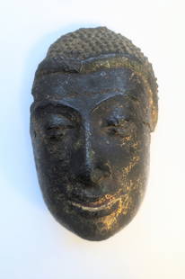 16th/17th c. Thai bronze Buddha head: Scarce 16th/17th c. Thai bronze Buddha head - very finely cast with great composition. Traces of 22k gold-leaf. Can easily be mounted. 4 1/4" x 2 3/4"