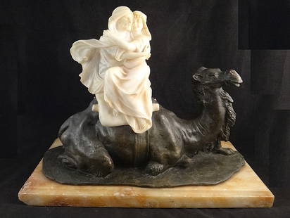 Antique Italian Bronze & Alabaster Sculpture: Large & Very Fine Antique Italian Bronze & Alabaster Sculpture of a Kneeling Camel with 2 Romantic Figures, man & woman in carved alabaster on the camels back. Attributed to Emilio Fiaschi (1858-1941)
