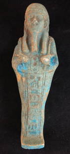 Ancient Egyptian Faience Ushabti. 700-332 B.C: Ancient Very Fine Egyptian Faience Ushabti. 700-332 B.C. 5 5/8&rdquo; tall. Hieroglyphs on the front.