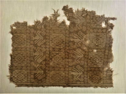 Ancient Peruvian Chimu Textile Fragment: Large Ancient Peruvian Chimu (probably central coast) Textile Fragment of 2 birds & Columns of Geometric Designs in medium brown & tan. Circa 1000-1450. Textile measures 17 ½”x 13 ½