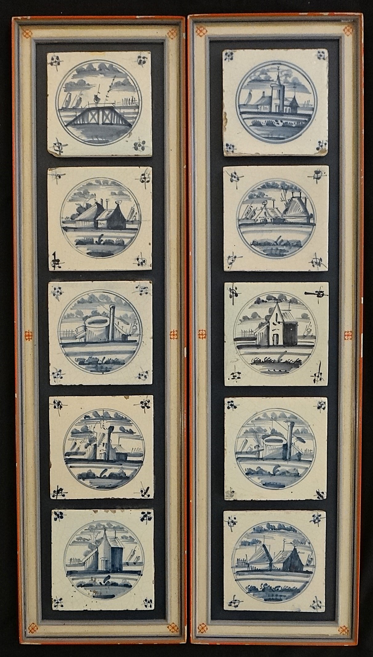 Ten - 18th c. Dutch Delft HP Tiles in Pair of Custom Wood Frames. (1 of 8)
