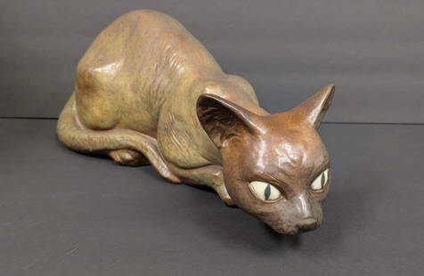 Rare Large Lladro Porcelain Lifesize Crouching Siamese Cat: Rare Large Lladro Porcelain Lifesize Crouching Siamese Cat, designed by Juan Huerta. Released in 1980, retired in 1981. Beautiful mottled green & brown body. Measures 16 ½” long x 6 &frac