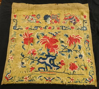 Antique Chinese Silk Embroidery - Floral Design: Antique Chinese Silk Embroidered Silk with Very Fine Hand Stitched Floral Design Embroidery. Qing Dynasty. C. 1860-1912. Measurement approx. 33" x 34".