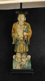 16th Century Ming Dyn Chinese Porcelain Roof Tile Lamp.: 16th Century Ming Dynasty Chinese Porcelain Roof Tile – Now a Lamp. Figure & Base measures 29 ¾” tall. Wood Base is 6 ¼” x 6 ½” dia. Shade is 16” wide, 1
