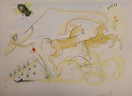 Original Salvador Dali Etching: “Le Coche et la Mouche: Original Salvador Dali (1904-1989) Colored Etching: “Le Coche et la Mouche&rdquo; (the Coach and the fly). Enhanced colored etching on Arches paper, from the series “Le Bestiaire de La Fontaine&rd