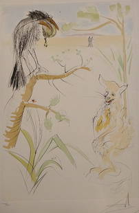Original Salvador Dali Etching: “Le Corbeau et le Revard: Original Salvador Dali (1904-1989) Colored Etching: “Le Corbeau et le Revard&rdquo; (The Crow and the Fox). Enhanced colored etching on Arches paper, from the series “Le Bestiaire de La Fontaine&r