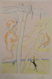 Original Salvador Dali Engraving: “Le Singe el le Leopard: Original Salvador Dali (1904-1989) Colored Engraving: “Le Singe el le Leopard&rdquo; (The Monkey and the Leopard). Enhanced colored etching on Arches paper, from the series “Le Bestiaire de La Fon