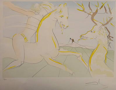 Original Salvador Dali Engraving: “Le Cavaliet le Cerf: Original Salvador Dali (1904-1989) Colored Engraving: “Le Cavaliet le Cerf&rdquo; (The Rider and the Stag). Enhanced colored etching on Arches paper, from the series “Le Bestiaire de La Fontaine&r