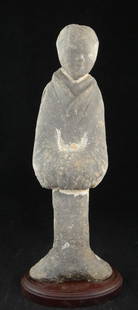 Ancient Chinese Han Dyn. Pottery Figure: Tall Ancient Chinese Han Dynasty (202 BC – 220 AD) Pottery Figure in a Long Robe. Traces of White & Orange Slip. 13 &frac14;&rdquo; tall, attached to newer wood base, combined is 14&rdquo; tall. Gua