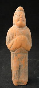 Ancient Chinese Tang Dynasty Pottery Figure: Ancient Chinese Tang Dynasty (618-907) Pottery Figure of a Man in Brick-Red Clay. 4 &frac14;&rdquo; tall. Guaranteed Authentic & Genuine. From the Richard Stone Estate, Piedmont, CA