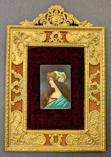 Antique European oil of a beautiful young woman in profile: Exceptional Antique European oil painting on metal of a beautiful young woman in profile. Initialed by artist lower left. Mounted in an ornate antique European bronze frame. Early 20th cent. Painting