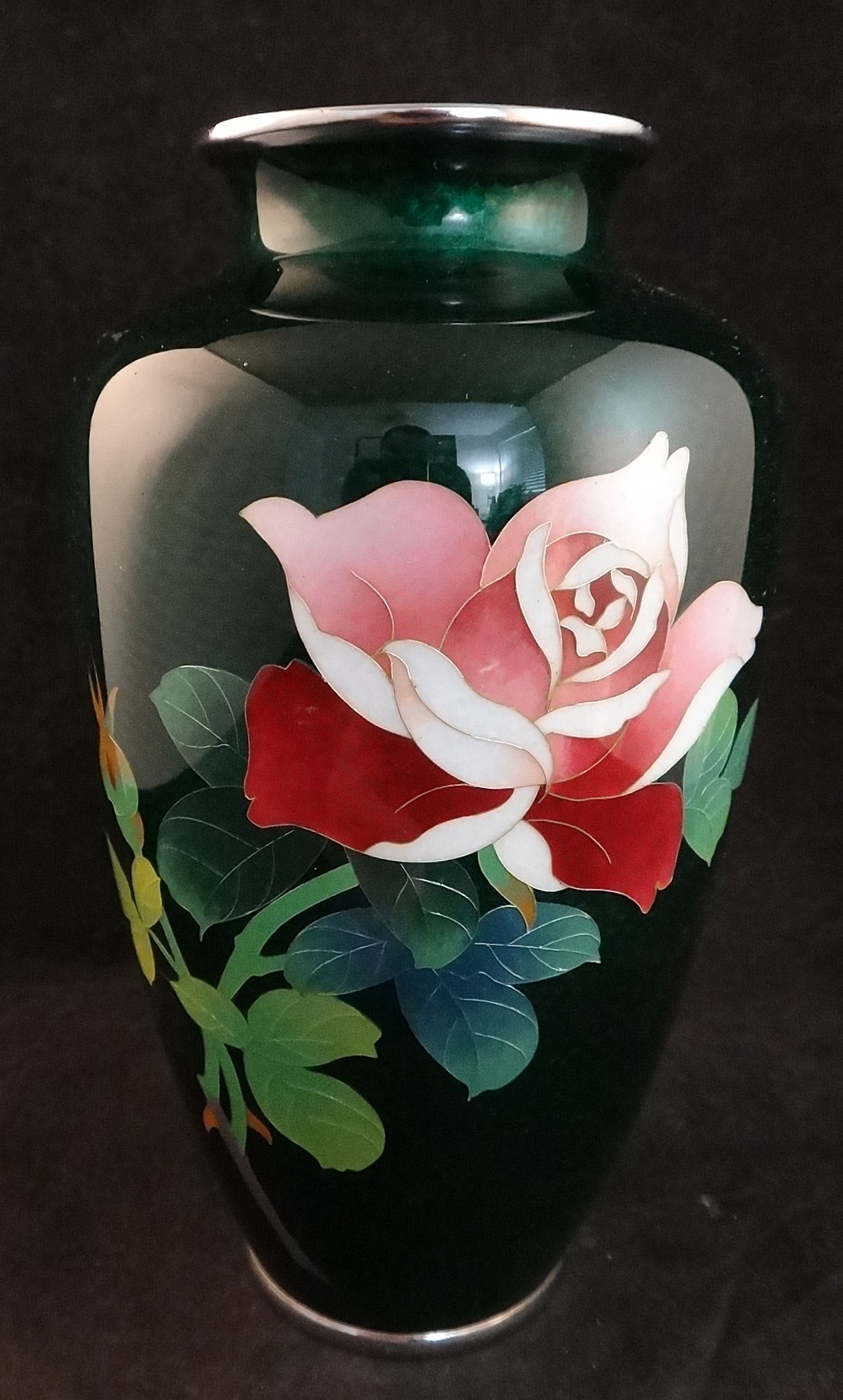 Antique Japanese Cloisonne Vase w/silver wire on deep green. (1 of 6)