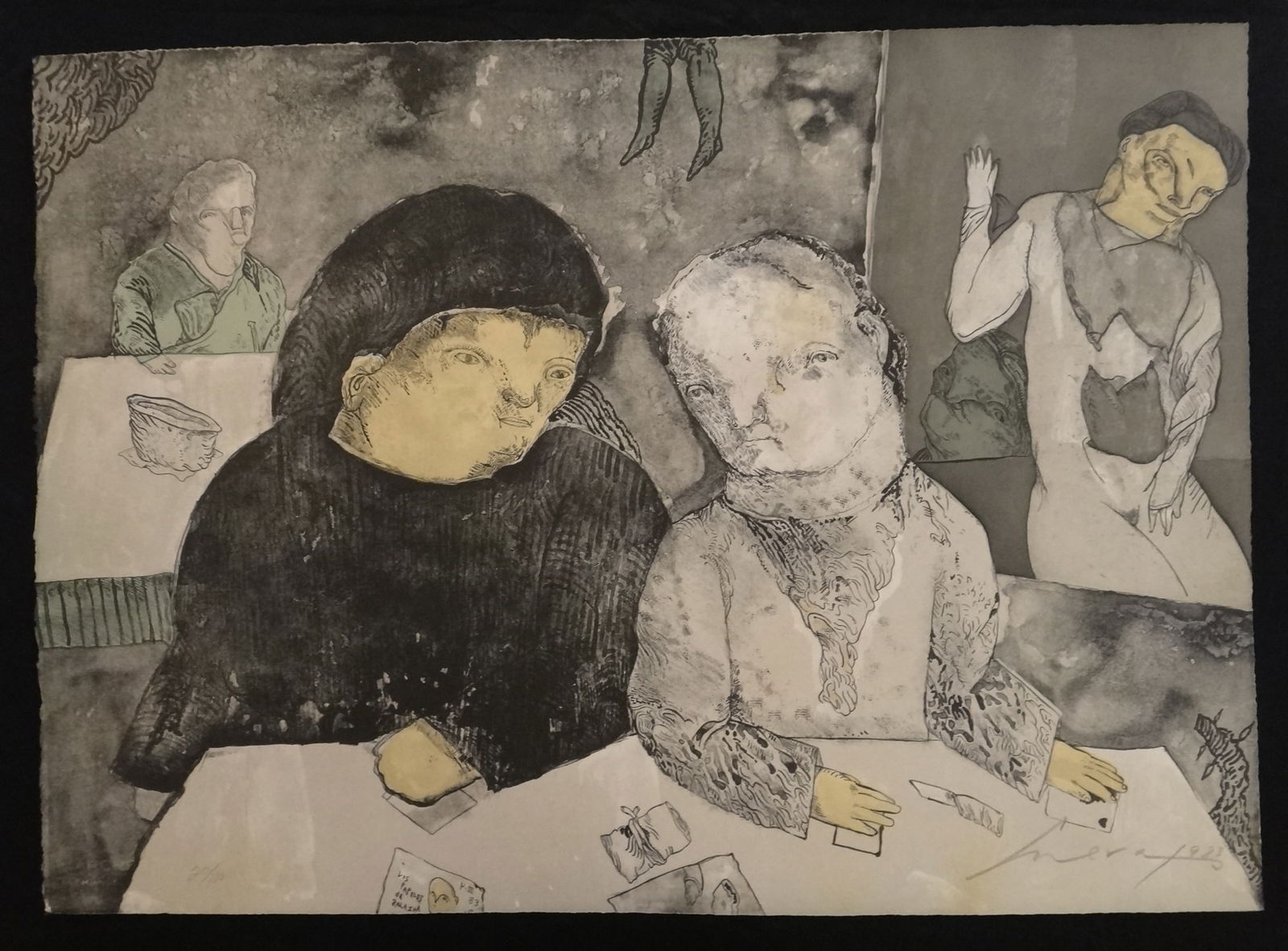 Original Jose Luis Cuevas Lithograph: Papeles de Salazar: Original Jose Luis Cuevas (1934-2017) Lithograph: Papeles de Salazar, surrealist abstract with people. Signed in pencil lower right & dated 1983, Limited edition #20/100. On Arches paper Measures 24 &