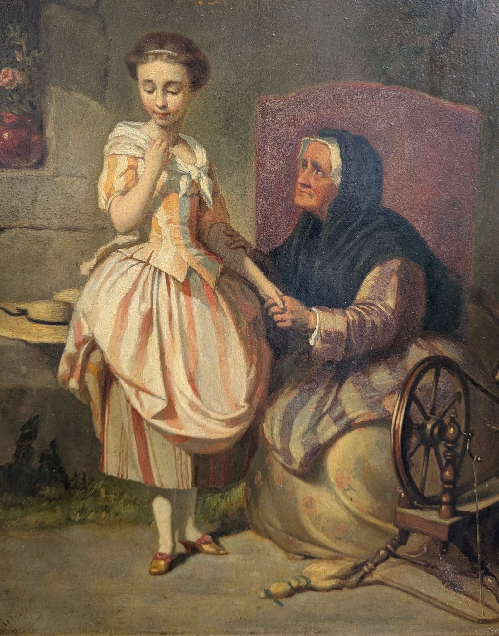 19th French Oil Painting Young Woman & Grandmother-Garden Setting (1 of 6)