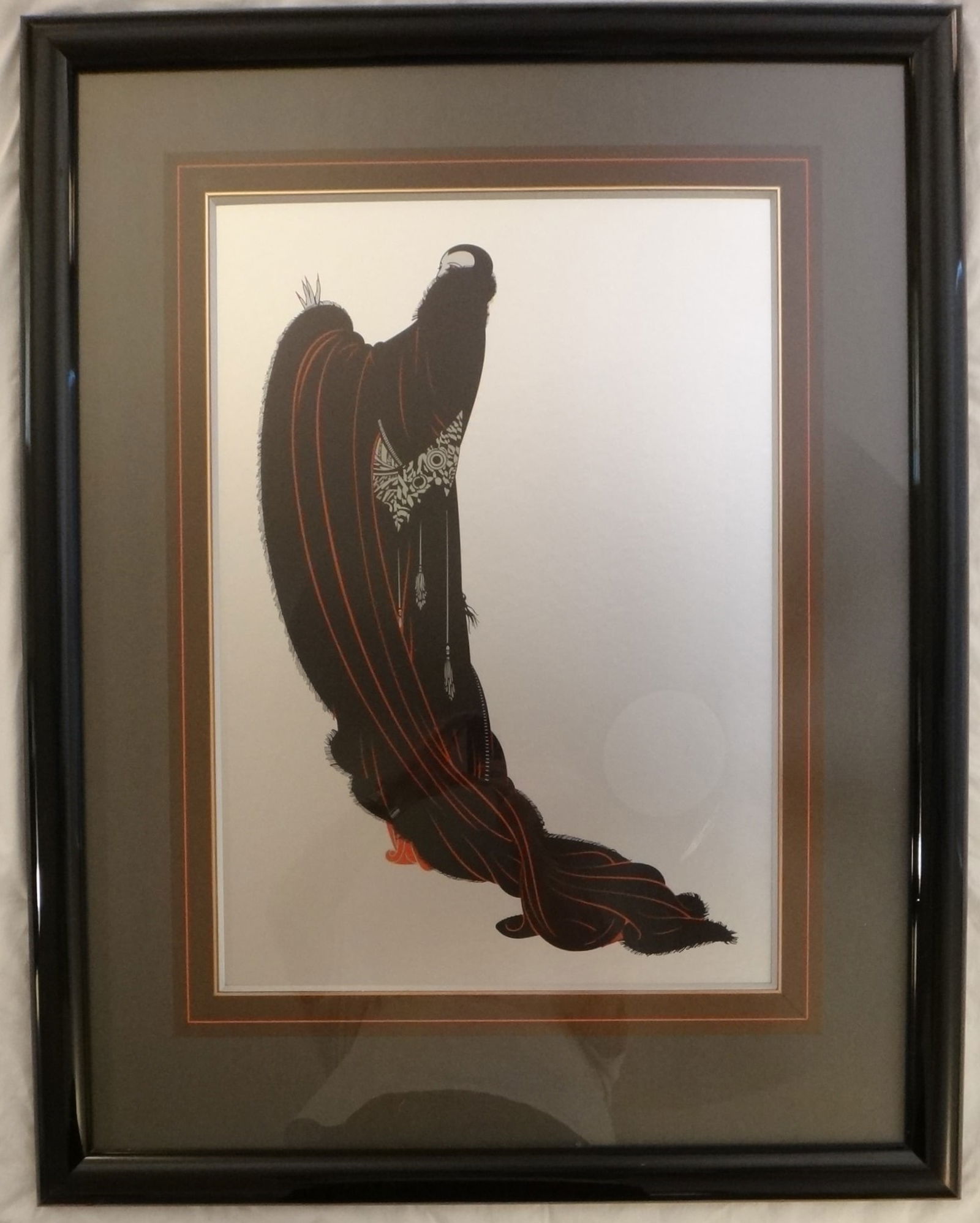 Erte -Soiree -Signed Serigraph 29?? x 19 ¼??.: Erte - Soiree - Signed Serigraph (1980), Signed lower right. Serigraph showing measures 29” x 19 ¼”. Black gloss frame with black cloth matte is 42”x 32”.