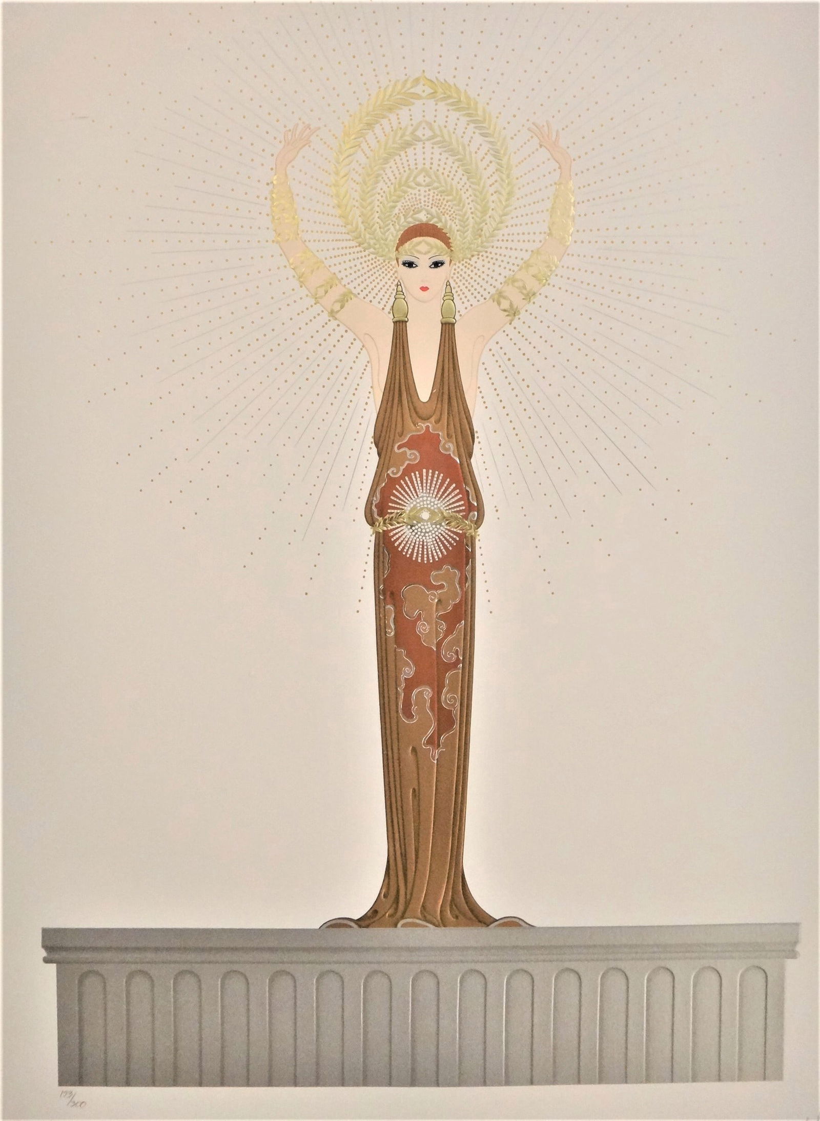 Erte - Diana - Goddess Serigraph w/Foil Embossing. Artist Signed, LE 193/300: Erte - Diana - Goddess Signed Serigraph with Foil Embossing. Artist signed lower right, Limited Edition 193/300 pencil lower left. Serigraph shown measures 33” x 23 ½”. Black gloss