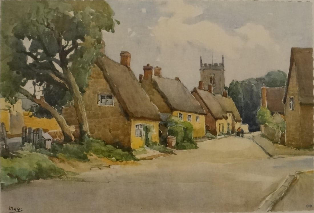 Original English Watercolor – Wroxford, Oxfordshire Signed: Original English Watercolor – Signed Marc. Featuring a lovely street from Wroxford with the Parish Church Tower in the background. Signed Marc in the painting and in pencil lower left matte: Wroxton