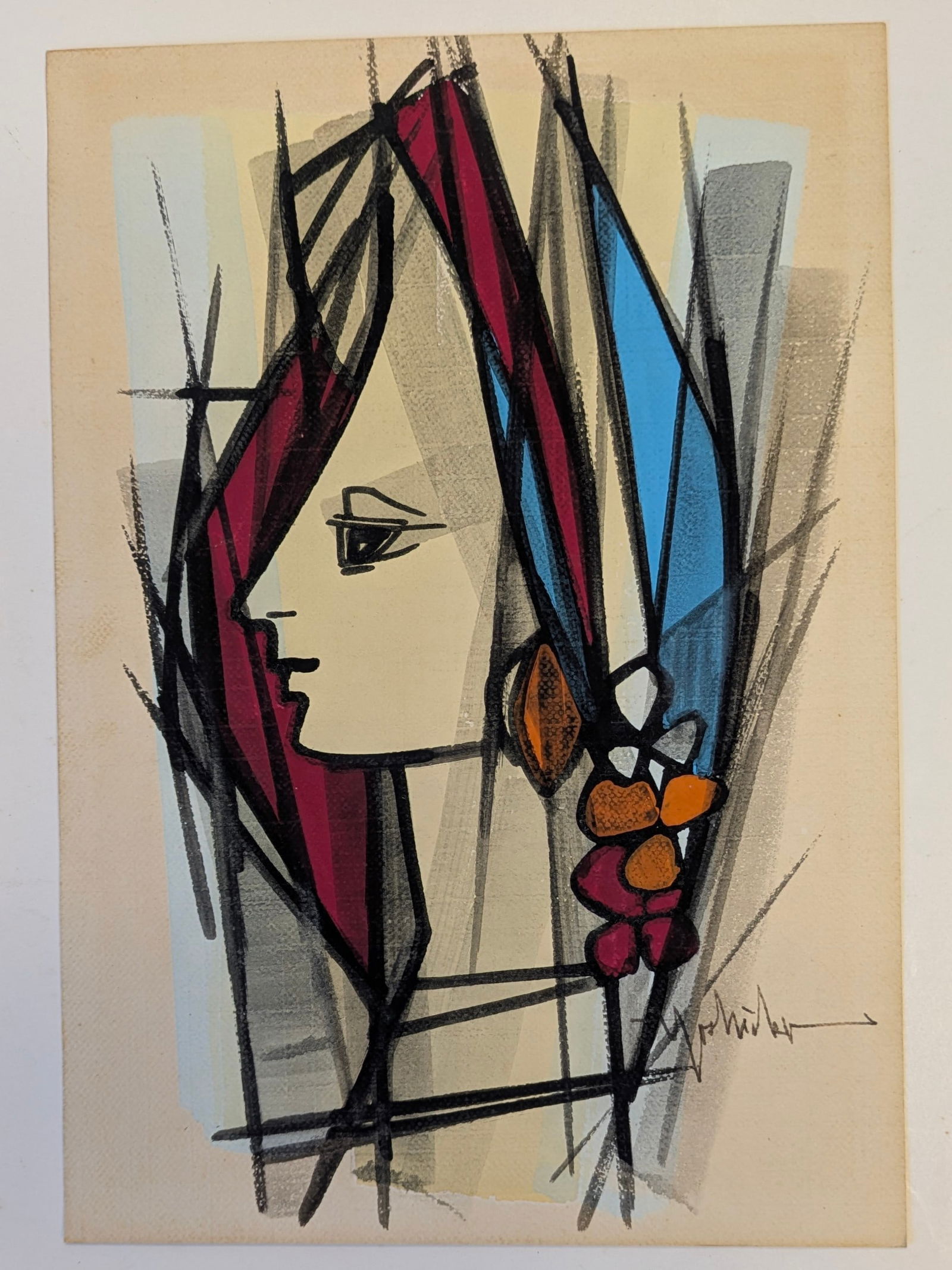 Japanese Watercolor by Yoshida Hodaka - Women's Face in Profile: Rare Japanese Watercolor by Yoshida Hodaka (1926-1995) of an Impressionist Women's Face in Profile with Colored Grapes and Abstract lines. Signed in Watercolor Lower Right. Mid- 20th cent. Watercolor