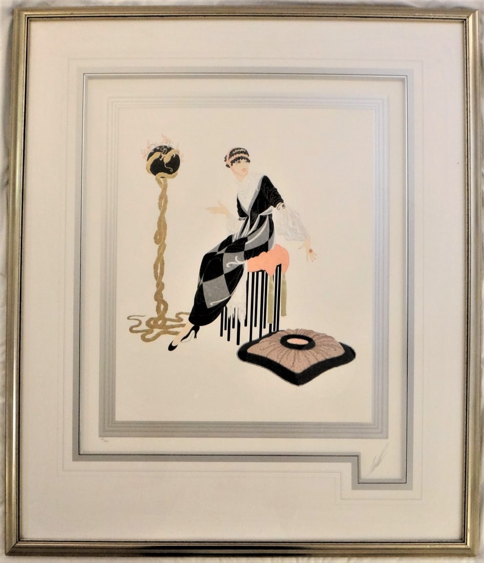 Erte - Harmony - Serigraph with Foil Embossing. Pencil Signed, LE 187/300: Erte - Harmony - Signed Serigraph with Foil Embossing. Pencil signed lower right, limited edition 187/300 lower left. Serigraph showing measures 27 ¾” x 23 ¾”. Gold with blac