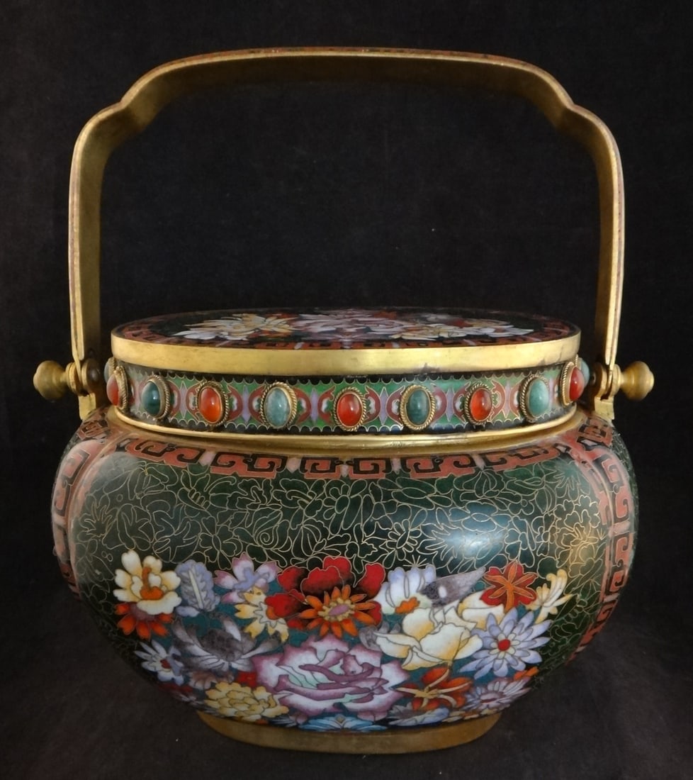 Vintage Chinese Cloisonne Basket w/ jade & carnelian stone cabochons.: Very Fine Chinese Cloisonne Basket. Features multicolored floral designs on a forest green background with genuine 11 jade & 11 carnelian stone cabochons. 20th cent. Measures 11 7/8” tall (w/han