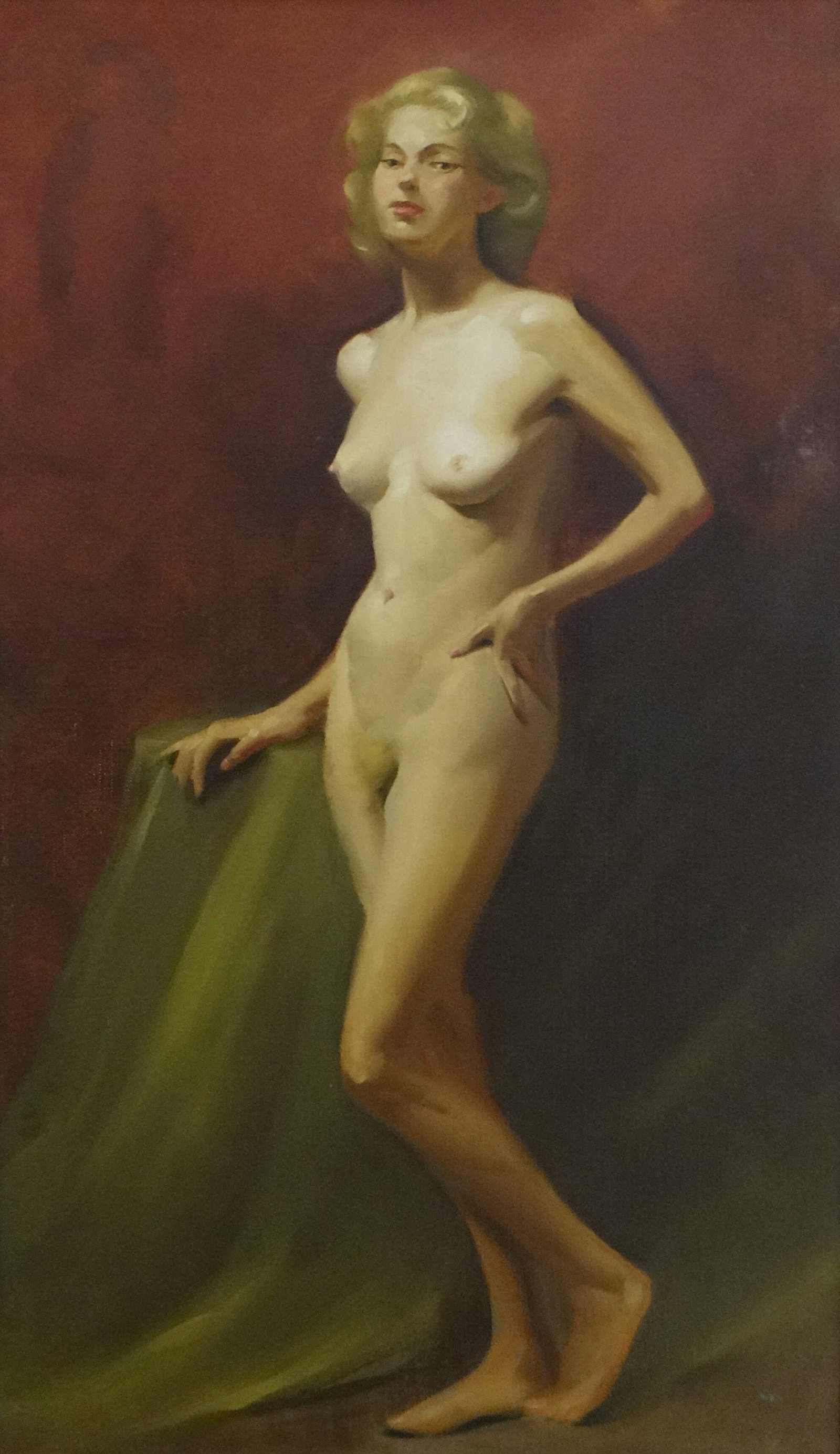 Mid-Cen American Oil on Canvas of a Nude Young Woman: Grace.: Mid-Century American Oil on Canvas of a Nude Young Woman: Grace. Painting shown measures 23 5/8” x 13 ¾”, original wood frame is 31” x 21 ¼”. Sticker on back – 