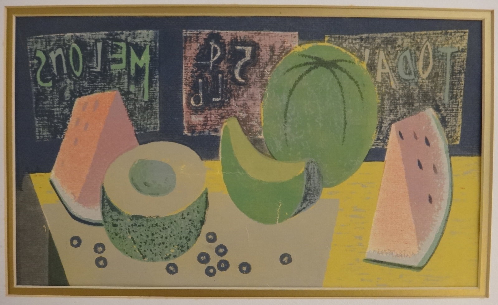 Willian T Gambling Serigraph of Fruit on a Table, Signed: Willian T Gambling Serigraph of Fruit on a Table with Signs in the Window. Signed lower right margin in pencil - William T Gambling. Measures 16” x 13”, wood frame is 21 ½” x 