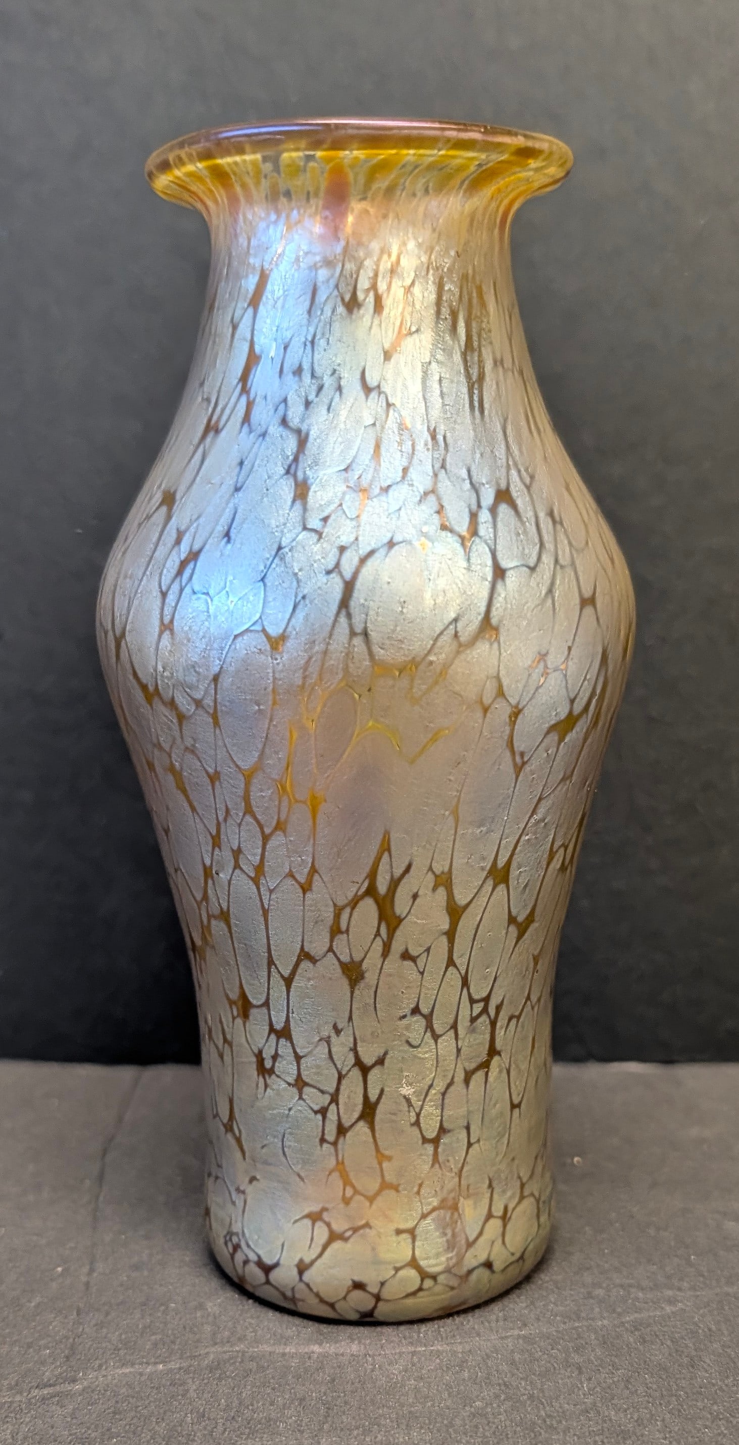 Antique Austrian Art Nouveau Art Glass Vase w/iridescent blues over gold.: Antique Austrian Art Nouveau Art Glass Vase with beautiful iridescent blues over gold. Early 20th cent, Loetz ? 6” tall x 2 ¾” dia. Ground Pontil