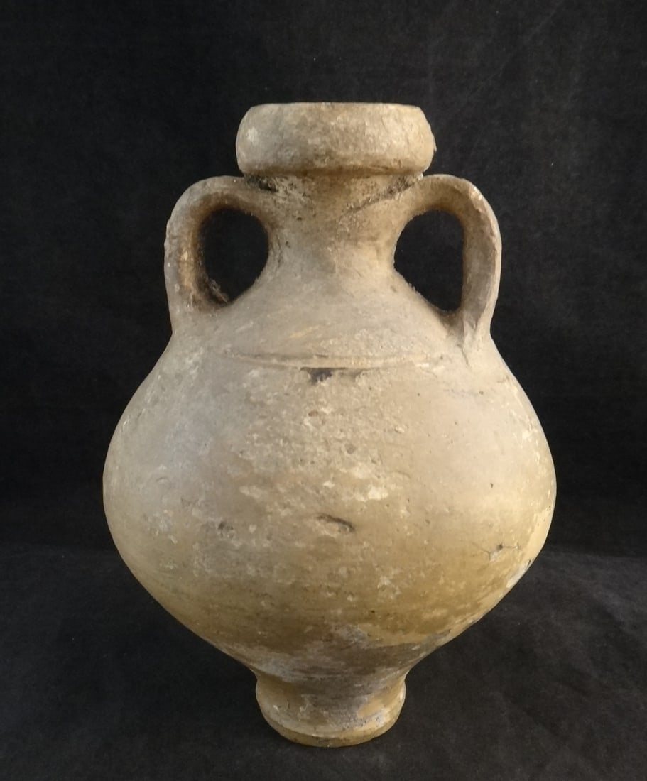 Ancient Roman Pottery Amphora with 2 Handles & large rim.: Ancient Roman Pottery Amphora with 2 Handles & large rim. 2nd/4th cent. 6 ½” tall x 4 ½” dia.