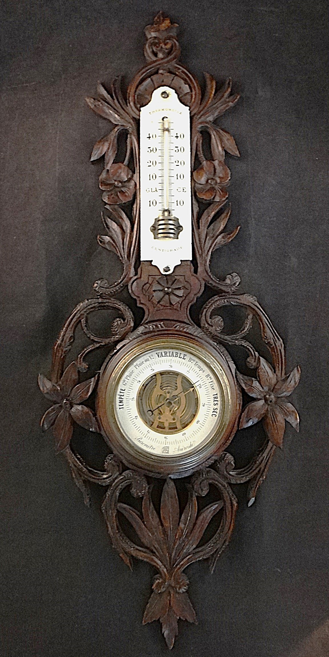 Antique French Barometer & Thermometer in Black Forest Mounting. (1 of 6)