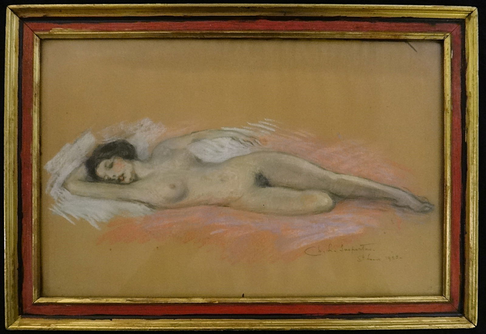 Charles Levy Sasportas Pastel drawing of a Nude Woman.: Charles Levy Sasportas (1877-1968) Pastel drawing of a Nude Woman. Signed & dated 1923. Drawing shown measures 12 ¼” x 15 ¼” Wood frame is 22 ¼” x 19 ¼&rd