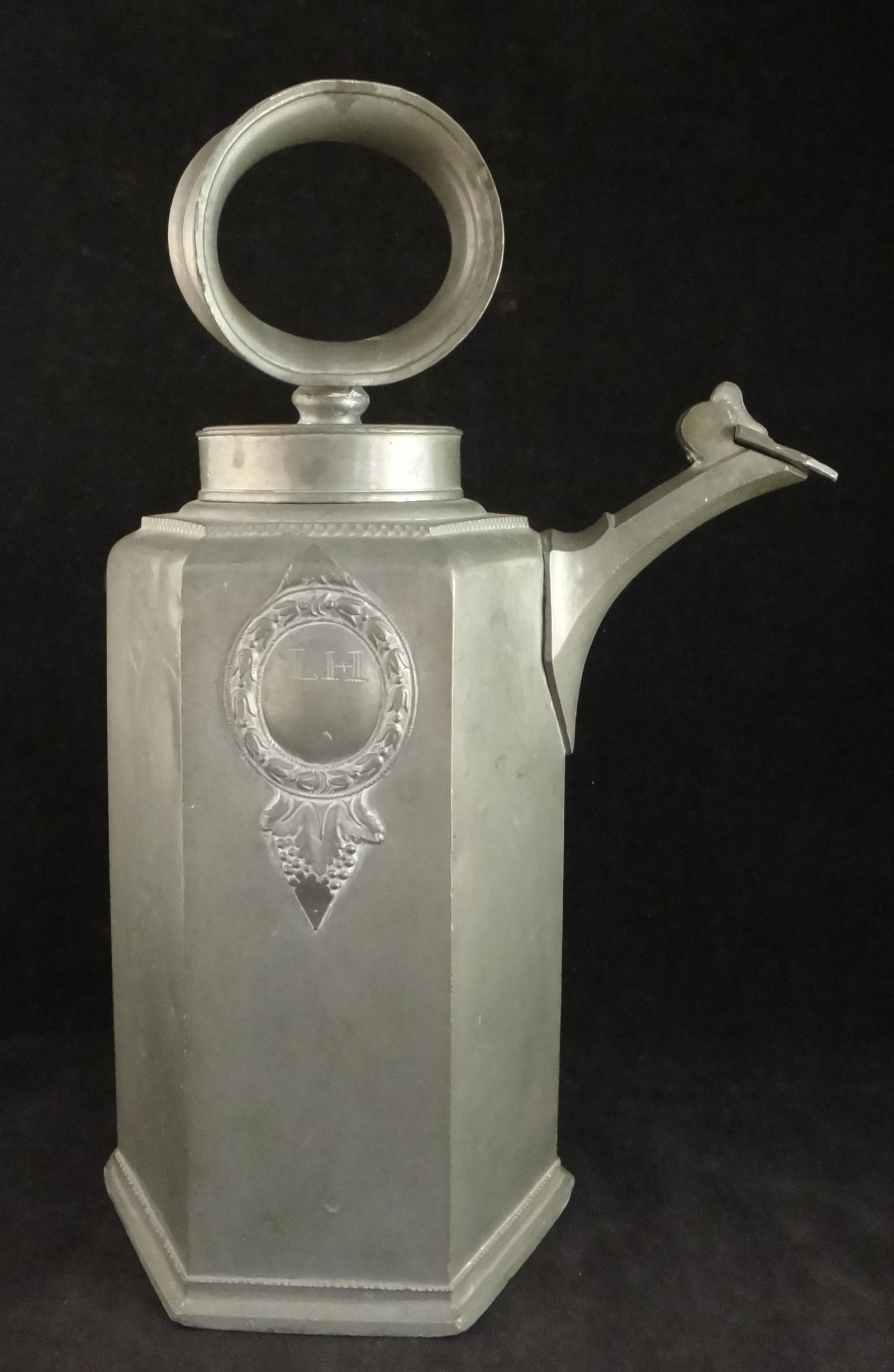 18th c. Antique Swiss Pewter Bell Form Flagon Hexagon Shape (1 of 10)