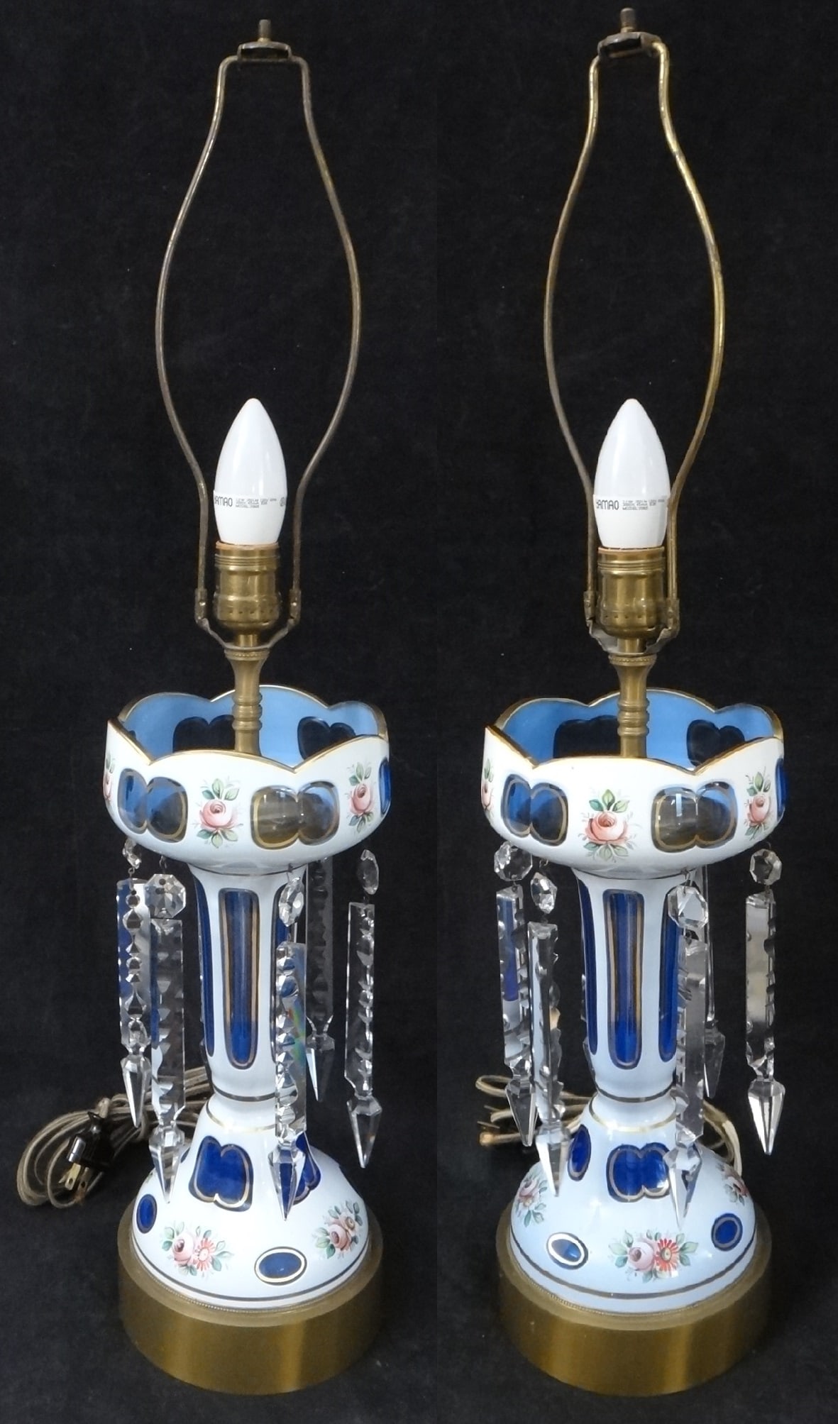 Pr. Bohemian Cased, Cut & Enameled Glass Luster Lamps (1 of 7)