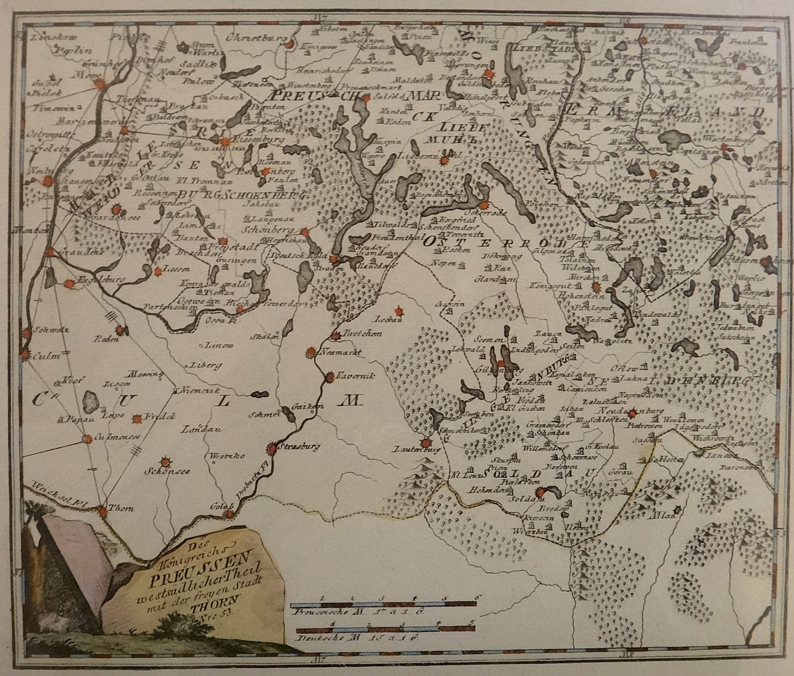 Antique Poland- Prussia Map, Franz Johann Joseph Reilly. C 1791?: Antique Poland- Prussia Map, Franz Johann Joseph Reilly. circa 1791? Full title: Des Königreichs Preussen westsüdlicher Theil mit der freyen Stadt Thorn Nro. 53. Original handcolored copper
