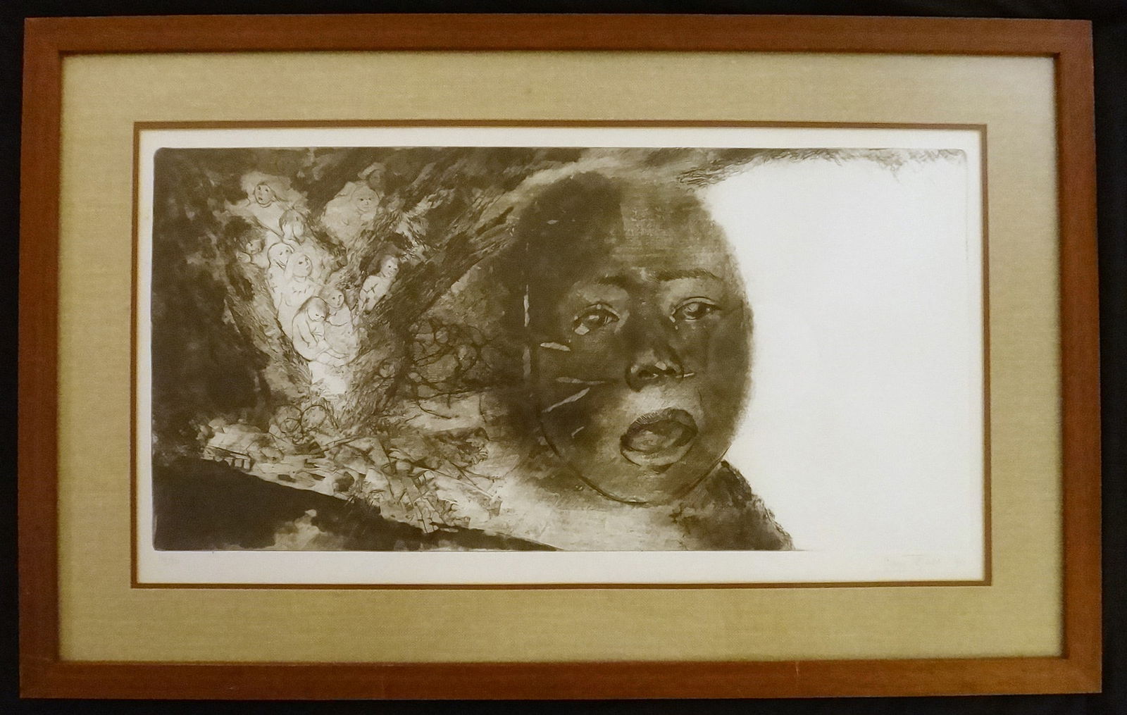 Lucy Tejada Lithograph LE “Angustia??, Pencil Signed, 1975.: Lucy Tejada (1920-2010) Colored Lithograph, Limited Edition “Angustia”, 1975.Pencil signed & dated 1975 along with limited edition 14/50. Print measures 23 1/8” x 11 3/8”. Wood