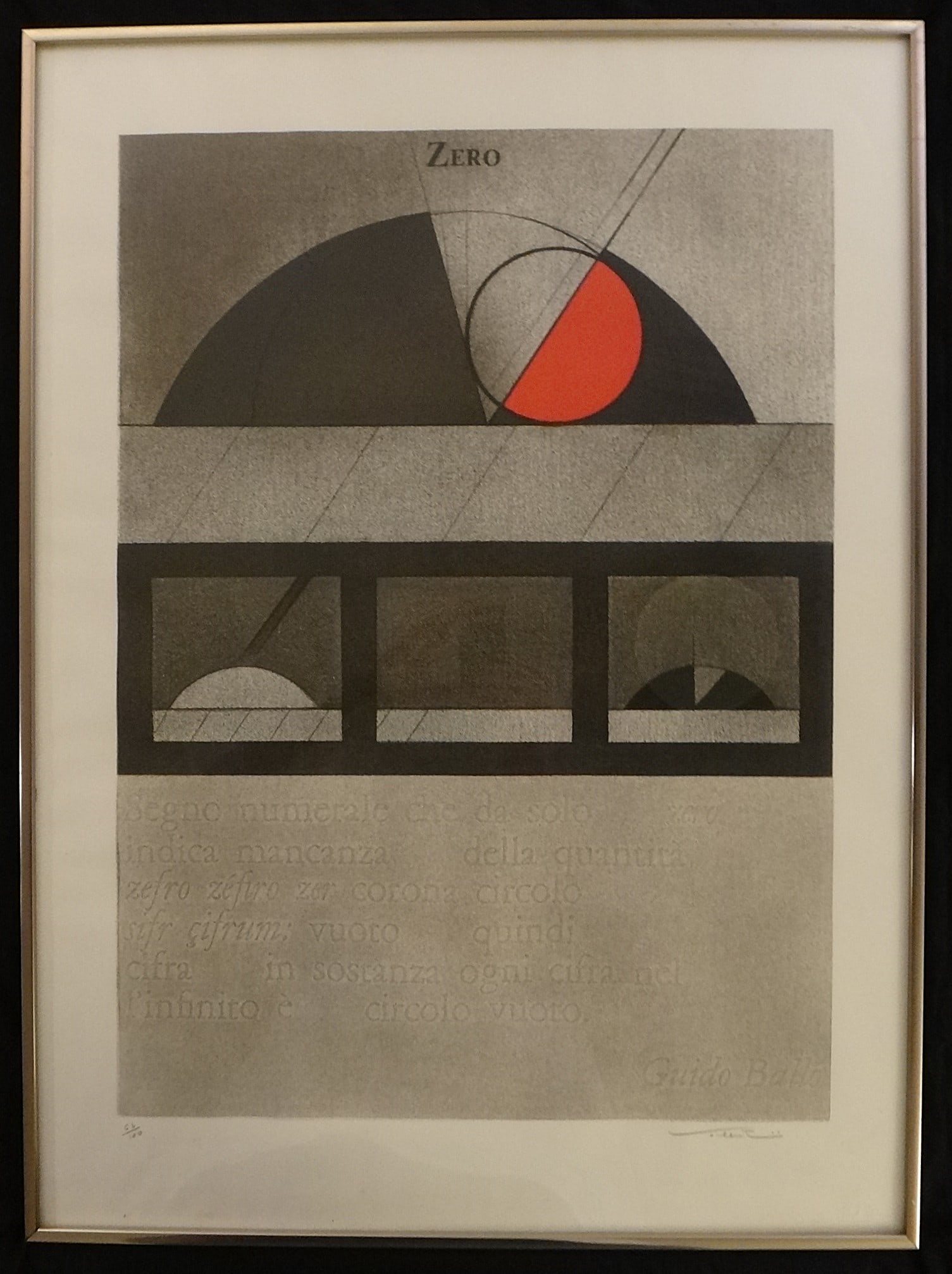 Walter Valentini Lithograph: “Zero??, 1974 Signed LE: Walter Valentini (1928 - 2022) Colored Lithograph: “Zero”, 1974. Pencil signed lower right. Limited Edition #62/100. Blindstamp in lower right margin. Measures 24 ½” x 17