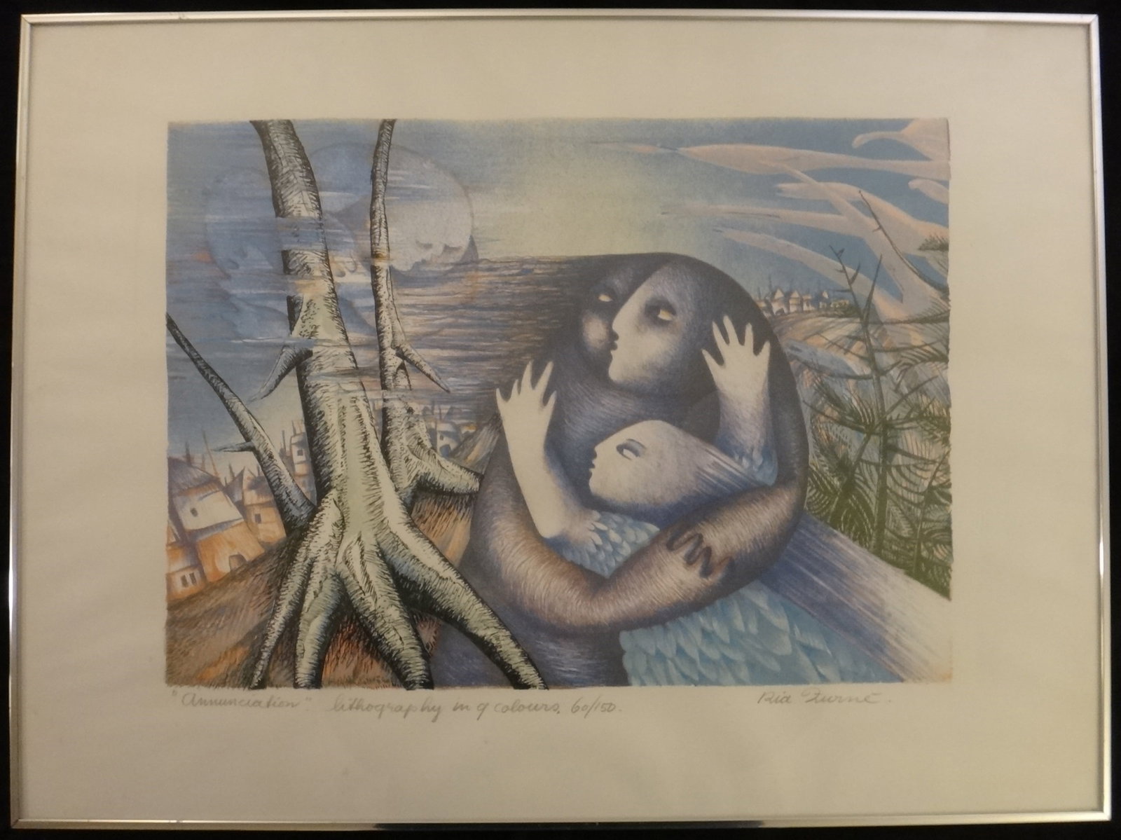 Ria Zurne Lithograph: “Annunciation??, Pencil signed: Ria Zurne (1947 - ) Lithograph in color: “Annunciation”, Estuary with people & spirit. Pencil signed & titled. Limited edition #60/150. Measures 21 ½” x 15 ½”.